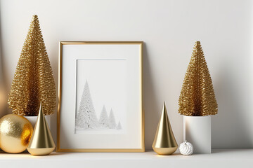 Christmas composition with a white chimney, a mock up poster frame made of gold, and Christmas trees. Generative AI