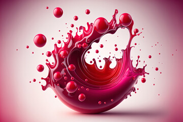 A realistic liquid swirl in a that looks like red wine or juice. Red wine and red fruit juice drinks spill and splash, adding a pink flow wave of flowing effervescent fizzy droplets. Generative AI