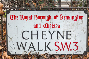 Cheyne Walk street road sign in Chelsea, Kensington, London, England