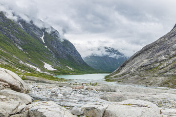 Fototapeta na wymiar The valley to the Nigardsbreen glacier in the Jostedal nature park in Norway