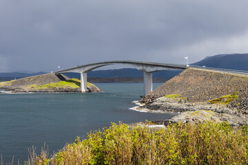 Dark clouds over the Atlantic Ocean Road bridges and structures in Norway