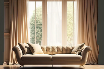 A realistic modern, plush couch in a beige color with cushions may be found in a living room. Elegant area rug, floor to ceiling windows with sheer and blackout curtains, and wooden parquet flooring