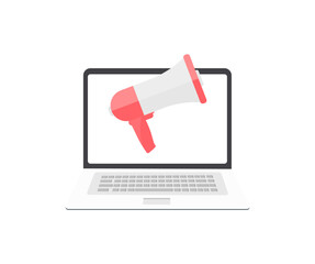 Announcement concept. Laptop with loudspeaker information logo design. Concept for digital marketing, promotion and advertising. vector design and illustration.