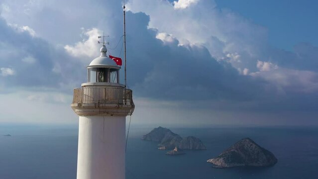 Gelidonya Lighthouse and Sea. Antalya, Turkey. Aerial View. Drone Flies Upwards, Tilt Down