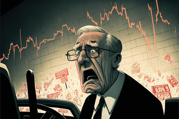 Horrified trader, stock market crash cartoon illustration for articles. Economy, crypto, currencies value in crisis. Generative AI. - obrazy, fototapety, plakaty