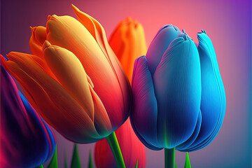 Colorful tulip flowers arrangement, stylized graphic design modern illustration. Light pastel colors on neutral background. 