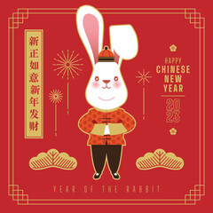 Beautiful vector of Chinese New Year 2023 greeting card, the cute rabbit in traditional Chinese costume with firework on red background, blessing word in English and Chinese, the year of the rabbit.