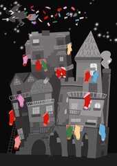 Epifania, 6 gennaio notte della befana, illustrazione di una tradizione del Natale cristiano, la vecchina vola sulla scopa e riempie le calze dei bambini buoni di caramelle, disegno jpg per bambini