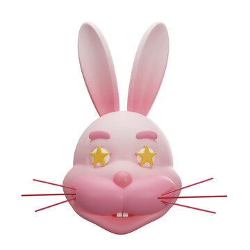 Pink rabbit excited face with yellow star, 3D rendering with transparent  background.