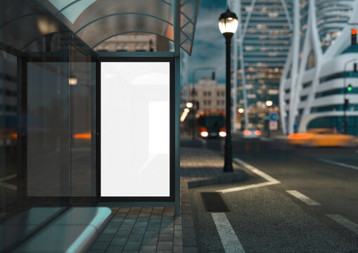 3D rendering.Vertical blank billboard at bus stop on evening  city street where skyscrapers, people and colorful cars driving on roads. Mock up with reflection. 3D illustration