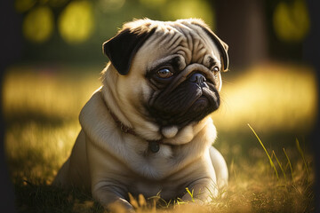 Fototapeta na wymiar Pet pug on the grass, beige dog. Generative AI