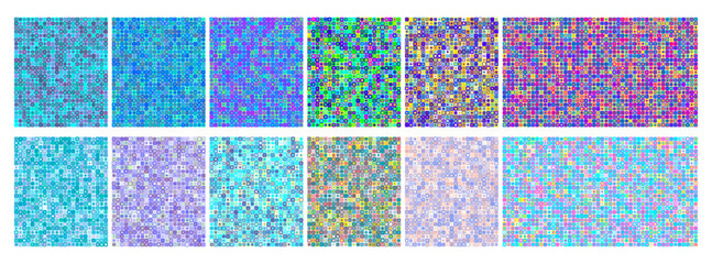 Squares pixels checkered patterns with random colors. 1920x1080 vector backgrounds.