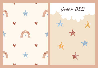 Dream big - Baby shower card with stars, rainbows and hearts. Vector delicate cute design in pastel colors. 