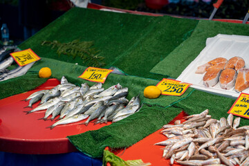 Local Fish Market place in the city. Fish displayed on a bazaar in Istanbul, Turkey.