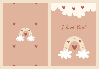 St. Valentines day. Cute vector printable card in beige colors. Pastel rainbow with hearts and clouds. Print design.