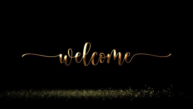 Welcome animation with gold handwritten text and falling particles on a sparkling floor on a black and green screen background is perfect for the intro and video overlay.
