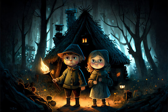 Hansel and Gretel - little girl and boy in a dark forest. Сharacters of a German folk fairy tale. Generative AI