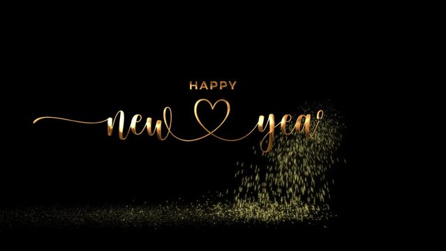 Happy New Year animated clip art with gold handwritten text and falling particles on a sparkling floor on a black and green screen background is perfect for your video celebration and messages.