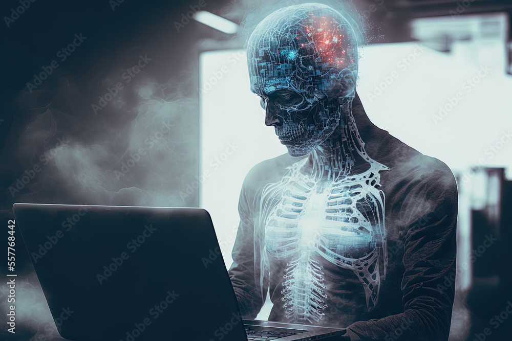 Aufkleber science based future technology and artificial intelligence (ai) concept double exposure of hacker u