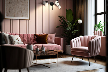A chic living area with a light pink sofa, a contemporary coffee table on the carpet, and retro style armchairs against a backlit wooden wall. Generative AI