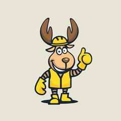 A cheerful moose is in construction gear: hard hat, boots, saftey vest and gloves. Vector character