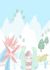 Sciatore e Paesaggio montan invernale sognante, illustrazione fiabesca con fiori ghiacciati, jpg natalizio, montagne e natura innevata con uomo, disegno di sport invernali nella natura, sciare