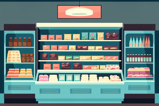 Flat Illustration Of A Supermarket Interior. A Grocery Shop With Shelves Of Groceries. Food Aisle At A Cartoon Store. Bakery, Meat, Fresh Produce, Milk, Deals, And Specials Are All Advertised