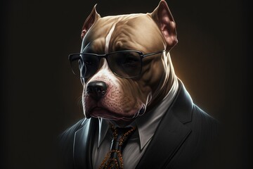 Pitbull dog as mafia bodyguard wearing black sunglasses.