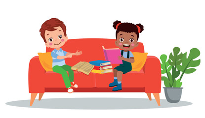 children sitting on sofa reading a book