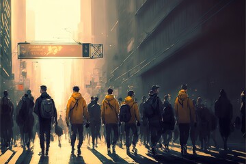 A crowd of passers-by walks through the streets - obrazy, fototapety, plakaty