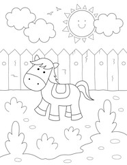 cute pony, clouds and sun, coloring page for kids	