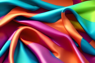 Silk cloth, smooth colorful fabric wrapping up around itself modern background. Pink, yellow, blue cloth Abstract rendering wallpaper.