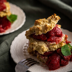 Strawberry and rhubarb shortcake garnished with mint leaves and whipped cream
.
.