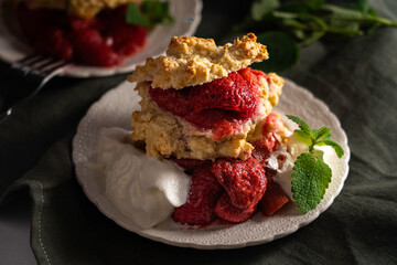 Strawberry and rhubarb shortcake garnished with mint leaves and whipped cream
.
.