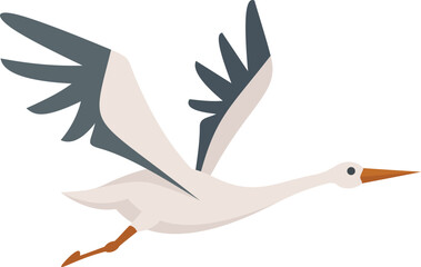 Fly stork icon flat vector. White bird. Crane nest isolated