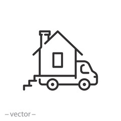 house on wheels icon, motorhome, car for home, camper van, thin line symbol on white background - editable stroke vector illustration