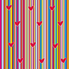 Fondo geométrico con rayas de colores y corazones. © Lola Fdez. Nogales