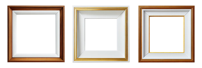 Set of white square wooden frames isolated on transparent background