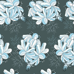 seamless botanical pattern of stylized flowers of cosmea and chamomile, vector drawing