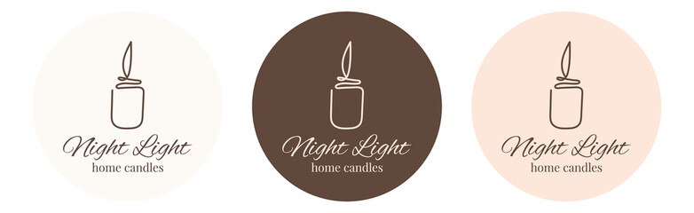 Set of one line candle logo Night light home candle. Stickers for your design. Vector sketch illustration. Template design. Romantic background. Brown neutral colors. Vector illustration