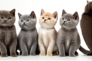 Five kitten British Shorthair cats in a row, all different colors, standing and sitting together. everyone is looking at the camera. On a white backdrop, isolated. Generative AI