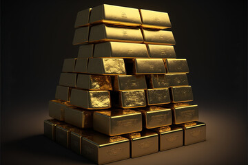 Stack of gold ingots, 3D render style. Representing wealth, economy, money, trade, etc. Made with AI.