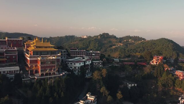 Sunset above valley Buddhist monastery Nepal in the Himalaya mountains