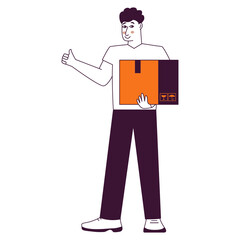 Man holding a package box.Delivery man giving thumb up..A postman with a box.Outline vector illustration.Isolated on white background.