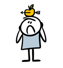 Frightened man stands with apple on his head pierced by an arrow.