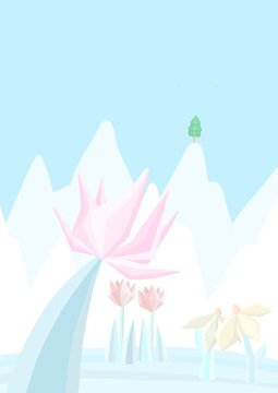 Paesaggio montano con abete solitario, natura con fiori e pino ghiacciati, illustrazione con colori chiari, pastello, soft, sognante e fiabesca, albero in cima alla vetta di una montagna, jpg, disegno