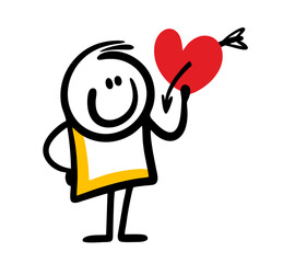Funny doodle character holds a red heart pierced by an arrow.