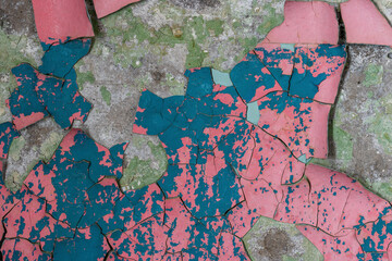Pink peeling paint on the wall. Old concrete wall with cracked flaking paint. Weathered rough painted surface with patterns of cracks and peeling. High resolution texture for background and design.