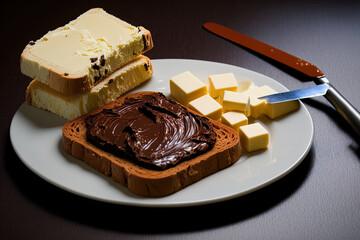 Butter and chocolate paste on the ideal bread for breakfast. Generative AI