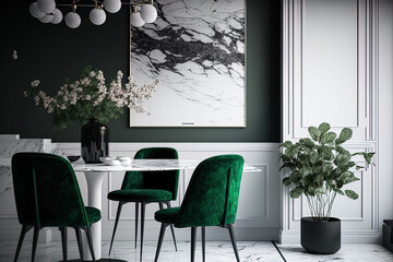 Modern dining room decor in a contemporary style with green furniture, a black and white table,. Generative AI